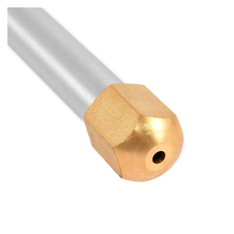 Brass nozzle tip for water spray tool; hexagonal body with central nozzle hole on metal shaft