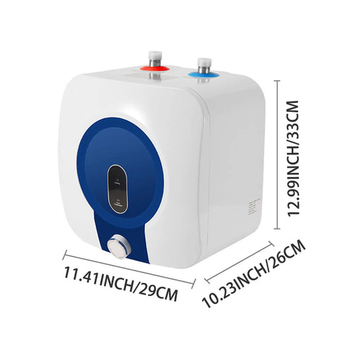 Compact Energy Efficient 1500W 10L Electric Water Heater 110V with blue front panel and dimensions shown for installation.