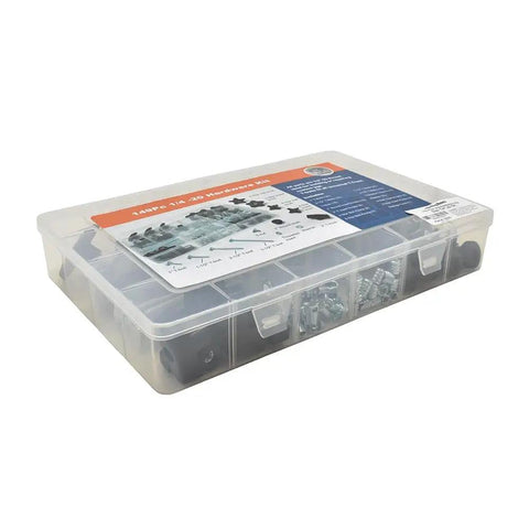149 Piece Universal T Track and Jig Hardware Kit Featuring 1/4 Inch 20 TPI T Bolts in clear carry case with dividers