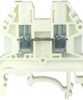 White DK2.5N-WE DIN rail terminal block screw type 600V 20A 12-22AWG for mounting in control panels, front view
