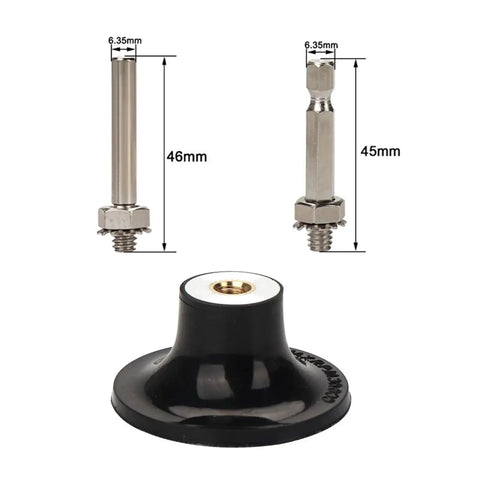 Image of mounting hardware including a black base and two metal shafts, part of the 50mm R Type Quick Change Sanding Discs 62 Pcs Premium Grit Kit.