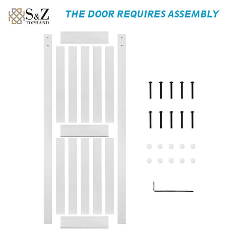 36x84 Inch MDF Barn Door Kit With 6.6 Ft Sliding Hardware, Solid PVC Surface, unassembled view with screws and tools