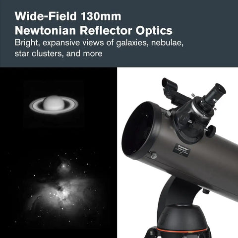 NexStar 130SLT Computerized Telescope With 130mm Aperture shown with Saturn and nebula images, highlighting wide-field optics.