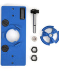 Front view of blue plastic hinge boring jig kit with drill guide, bracket, positioning rod and wheel