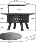 36 Inch Outdoor Fire Pit With Grill And Lid Wood Burning Fire Pit Table 3 In 1 Metal Fire Pit dimensions illustration