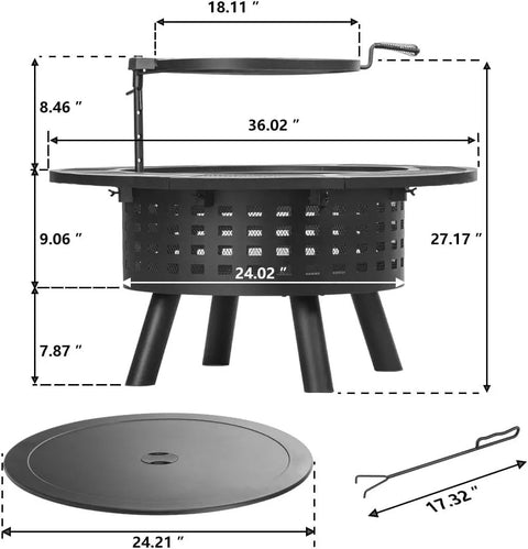 36 Inch Outdoor Fire Pit With Grill And Lid Wood Burning Fire Pit Table 3 In 1 Metal Fire Pit dimensions illustration