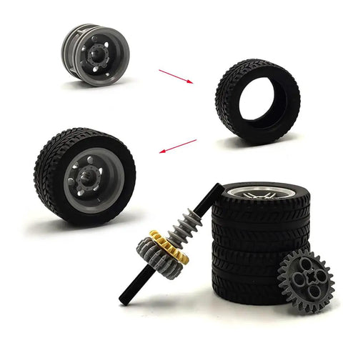 Technical Gears Axle Pin Connectors And Rack Gear Set With Rubble Wheels For Creative MOC Cars And STEM Builds, showing wheels and gears