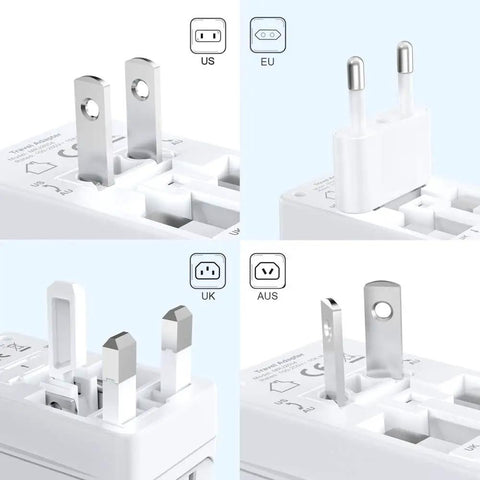 Voltage Converter 220V To 110V Travel Adapter With 4 USB Ports And 3 AC Sockets featuring US, EU, UK, AUS plug options