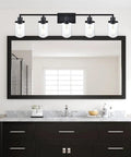 5-Light Vanity Lights Matte Black Finish, Farmhouse Industrial Wall Sconce with clear glass shades above bathroom mirror