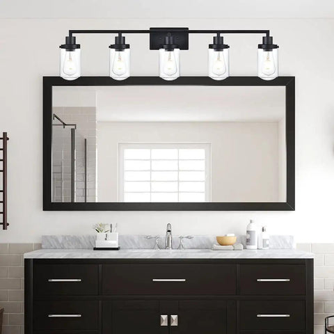 5-Light Vanity Lights Matte Black Finish, Farmhouse Industrial Wall Sconce with clear glass shades above bathroom mirror
