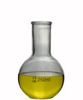 15 Piece Borosilicate Glass Labware Set With Heavy Wall Beakers And Flasks Including 250 Milliliter Florence Flask with yellow liquid