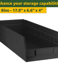 Badass Heavy Duty Chrome Wire Rack With 25 Legit Polypropylene Bins For Garage Tool Sorting And Solid Workshop Hardware Organization Setup 18 By 36 By 74 Inches Black showcasing a black polypropylene bin.
