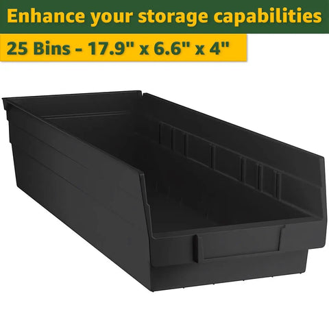 Badass Heavy Duty Chrome Wire Rack With 25 Legit Polypropylene Bins For Garage Tool Sorting And Solid Workshop Hardware Organization Setup 18 By 36 By 74 Inches Black showcasing a black polypropylene bin.