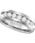 Solid 14K White Gold Mens Wedding Channel Band Ring With Machine Set Round Diamonds Totaling One Carat Size Ten, angled view