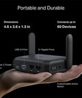 Hand holding Roam 6 AX1500 Portable WiFi 6 Travel Router Dual Band For Easy Public WiFi Sharing, showing ports and dimensions.