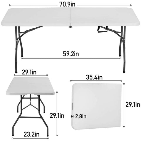 Dimensions of Six Foot Foldable Outdoor Camping Table Plastic White Square For Picnics Parties And Quick Setups Portable