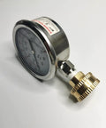Front view of stainless steel 304 liquid-filled pressure gauge, 0-220 psi, 2-1/2 in dial, with brass 3/4 in GHT fitting