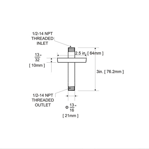 Technical drawing of Shower Arm With Flange Ceiling Mount 3 Inch Straight Arm For Fixed Shower Head High Pressure Rain Matte Black Finish