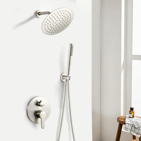Brushed Nickel Shower System With 8 Inch Rainfall Head Wall Mounted Faucet Set Complete Trim Kit Rough In Valve Body All Metal Construction Corrosion Resistant Sick Water Pressure Even at Low Flow Upgrade Your Bath