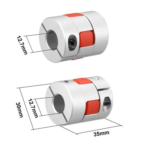 uxcell 2pcs shaft couplings, 12.7mm to 12.7mm bore, silver metal with orange inserts, shown front and side (35mm length).