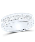 Sharp 14K White Gold Mens Wedding Channel Band Ring With Machine Set Round Diamonds In A Sleek Setting Providing One Point Five Carat Total Weight, polished finish view.