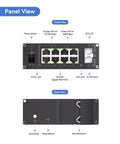 8 Port Industrial PoE Plus Switch With 2 SFP Uplinks, L2 Plus Managed, panel view highlighting ports and LEDs for industrial use