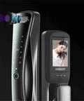 Slick Smart Door Lock With Built In Camera Rock Solid Fingerprint Reader Plus Secure Password IC Card Key Backup close-up of camera and display.