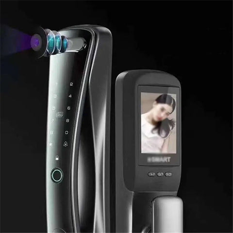 Slick Smart Door Lock With Built In Camera Rock Solid Fingerprint Reader Plus Secure Password IC Card Key Backup close-up of camera and display.