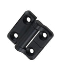 Front view of black zinc-alloy torque hinge, square mounting with four screw holes