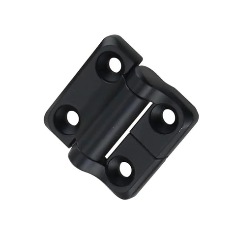 Front view of black zinc-alloy torque hinge, square mounting with four screw holes