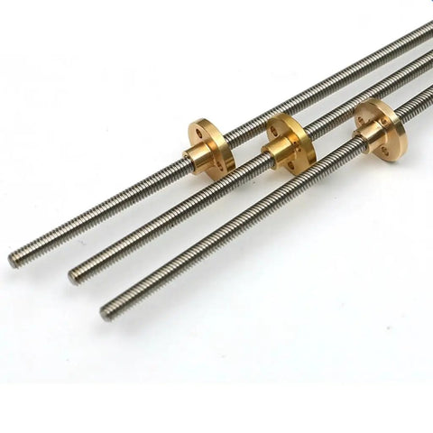 Heavy Duty T5 Lead Screw 304 Stainless Steel Rod With Copper Nut For 3D Printer Z Axis showing three rods with copper nuts.