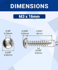 Dimensions of Badass 100 Piece M3 X 16mm Hex Button Head Self Tapping Sheet Metal Screws Forged From Tough 304 Stainless Steel.