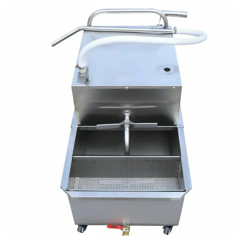 Game Changing 55L Commercial Fryer Oil Filter Cart Machine With Heavy Duty Motor And Mobile Base For Busy Kitchens Quick Oil Swaps And Crisp Clean Filters Every Time top view of stainless steel oil filter cart with handle and hose