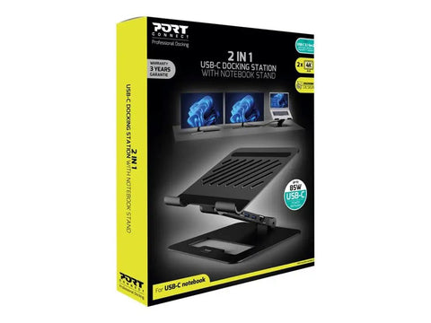 Level Up Your Desk Game With This Slick 2 In 1 Usb C Docking Station And Adjustable Laptop Stand with packaging.