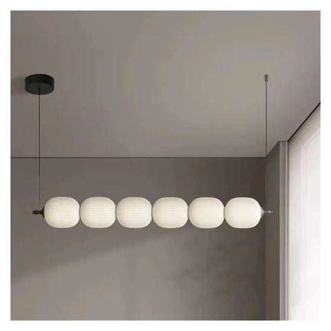 White Glass Bulb Chandelier Long Glass Pendant Lamp for Bedroom Living Room Restaurant LED Pendant Light, modern design with six glass orbs.