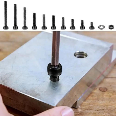 Heavy Duty Carbon Steel Hex Socket Head Cap Screws Kit 186 Piece Set With Nuts And Washers Black Finish For General Machinery And Home Repairs Q235 Level Four Point Eight Grade Tough As Nails Fasteners installed in metal block