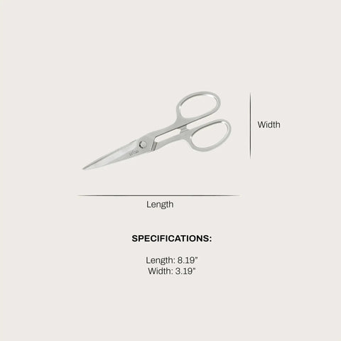 Heavy Duty Kitchen Shears 8 Inch German Stainless Steel Poultry Scissors shown with length and width specs