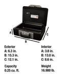 Fireproof Safe Box With Key Lock And Carry Handle For Locking Down Cash, Jewelry, And Important Documents At Home, 0.25 Cu Ft, Portable Chest Safe Measuring 6.3 By 15.3 By 12.1 Inches shown open with size specifications.