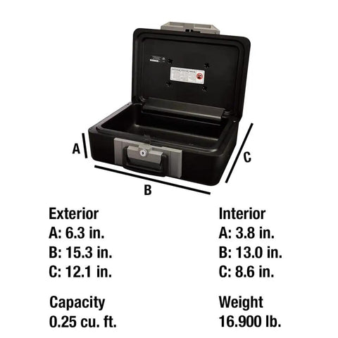 Fireproof Safe Box With Key Lock And Carry Handle For Locking Down Cash, Jewelry, And Important Documents At Home, 0.25 Cu Ft, Portable Chest Safe Measuring 6.3 By 15.3 By 12.1 Inches shown open with size specifications.