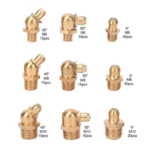 Brass Grease Nipple Fittings Kit 160 Piece Assortment For Automotive And Industrial Use in various angles, M6 M8 M10 sizes.