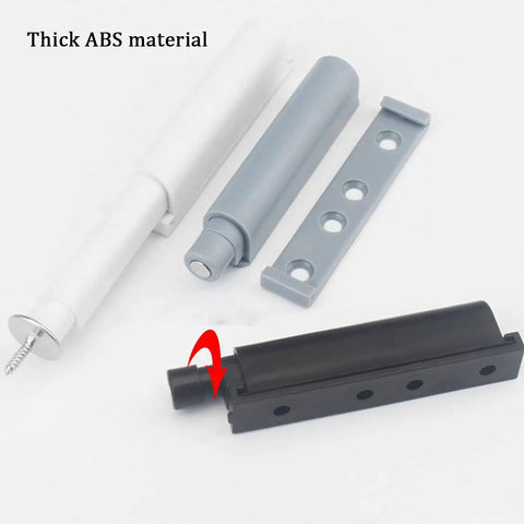 Components of Magnetic Touch Cabinet Catch Set with Dampers for Soft Open Close 3 Piece Gray Kit laid out on white surface.