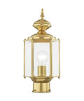 Outdoor Post Lantern 2117-02 with clear beveled glass shades in polished brass, traditional solid brass fixture for porch lighting.