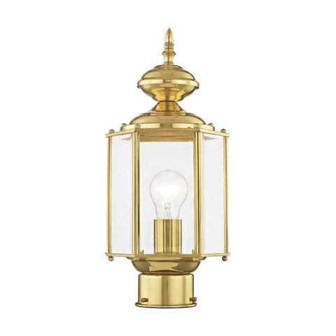 Outdoor Post Lantern 2117-02 with clear beveled glass shades in polished brass, traditional solid brass fixture for porch lighting.