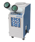 Straight Up Heavy Duty Workhorse Commercial Portable Air Conditioner With Wide Operating Range From Seventy To One Hundred Ten Degrees In Durable Blue Finish, featuring dual exhausts.