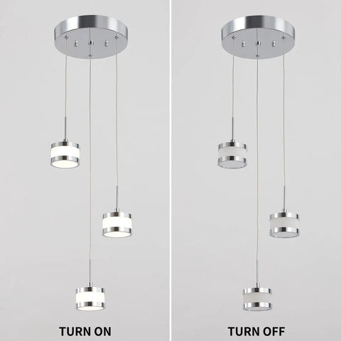 Comparison of Led Dimmable Three Light Pendant Fixture With Dope Chrome Finish turned on and off, showing modern chandelier style.