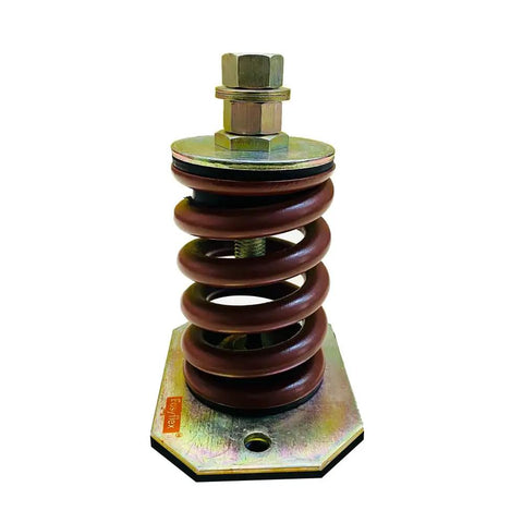 Heavy Duty Steel Spring Vibration Isolators With Knockout Performance 1322 Lb Capacity And 1 Inch Deflection Rock Solid Bracket Design Brown, close-up of a spring mount.