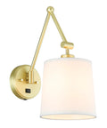 Brass Wall Lamps Set Of 2 With White Fabric Shade, Vintage Modern Sconce Lighting, Hardwired Wall Mount, On Off Switch