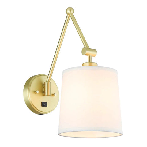 Brass Wall Lamps Set Of 2 With White Fabric Shade, Vintage Modern Sconce Lighting, Hardwired Wall Mount, On Off Switch