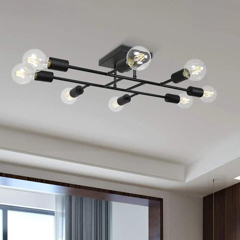 8 Light Sputnik Ceiling Light In Black Flush Mount With E26 Base, industrial vintage chandelier in a modern dining room