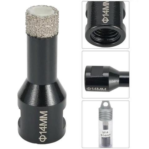 Diamond Core Drill Bit M14 Brazed Tip For Angle Grinder Hole Saw Cutting Tool Ceramic Tile Porcelain Granite Marble Concrete 10mm Shank Vacuum Cup Grip Precision Edge close-up showing black finish and diamond tip.